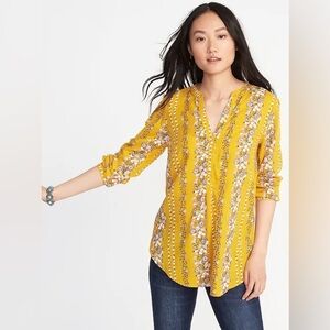 Old Navy Mustard Yellow Floral Split-Neck Blouse